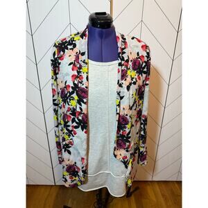 ASTR Womens Gray Pink Floral Open Front Long Sleeve Light Draped Cardigan Blazer